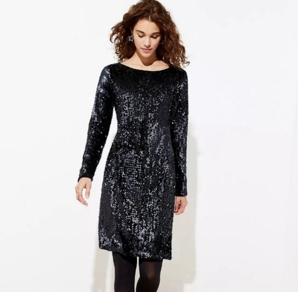 LOFT Ann Taylor Sequin Dress Midnight Blue Black Size 6P Petite Long Sleeve NEW